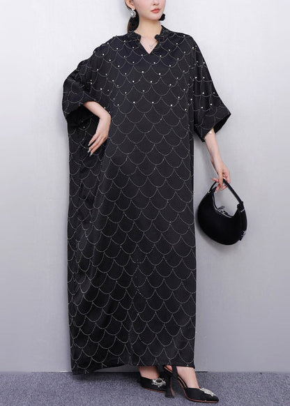 Black Oversized Rhinestone Silk Maxi Dresses Summer