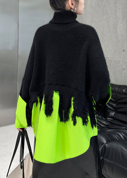 Black Turtleneck Asymmetrical Patchwork Knit Sweater Spring