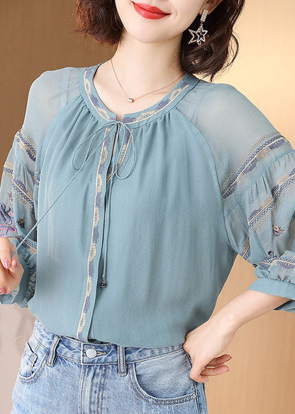 Light Blue O-neck Drawstring Embroideried Silk Tops Spring