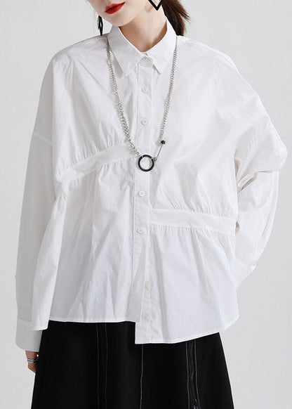 Modern White Peterpan Collar Button Patchwork Asymmetrical Design Fall Top Long Sleeve