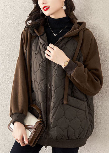 Chocolate Hooded Drawstring Patchwork Fine Cotton Filled Witner Coat