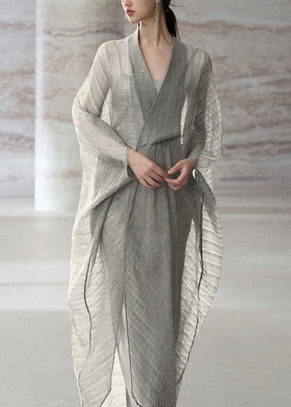 Grey V Neck Patchwork Cotton Dress Two Piece Set Summer