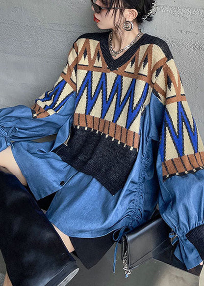 Diy Blue Knit Patchwork Denim Drawstring Fall Sweaters