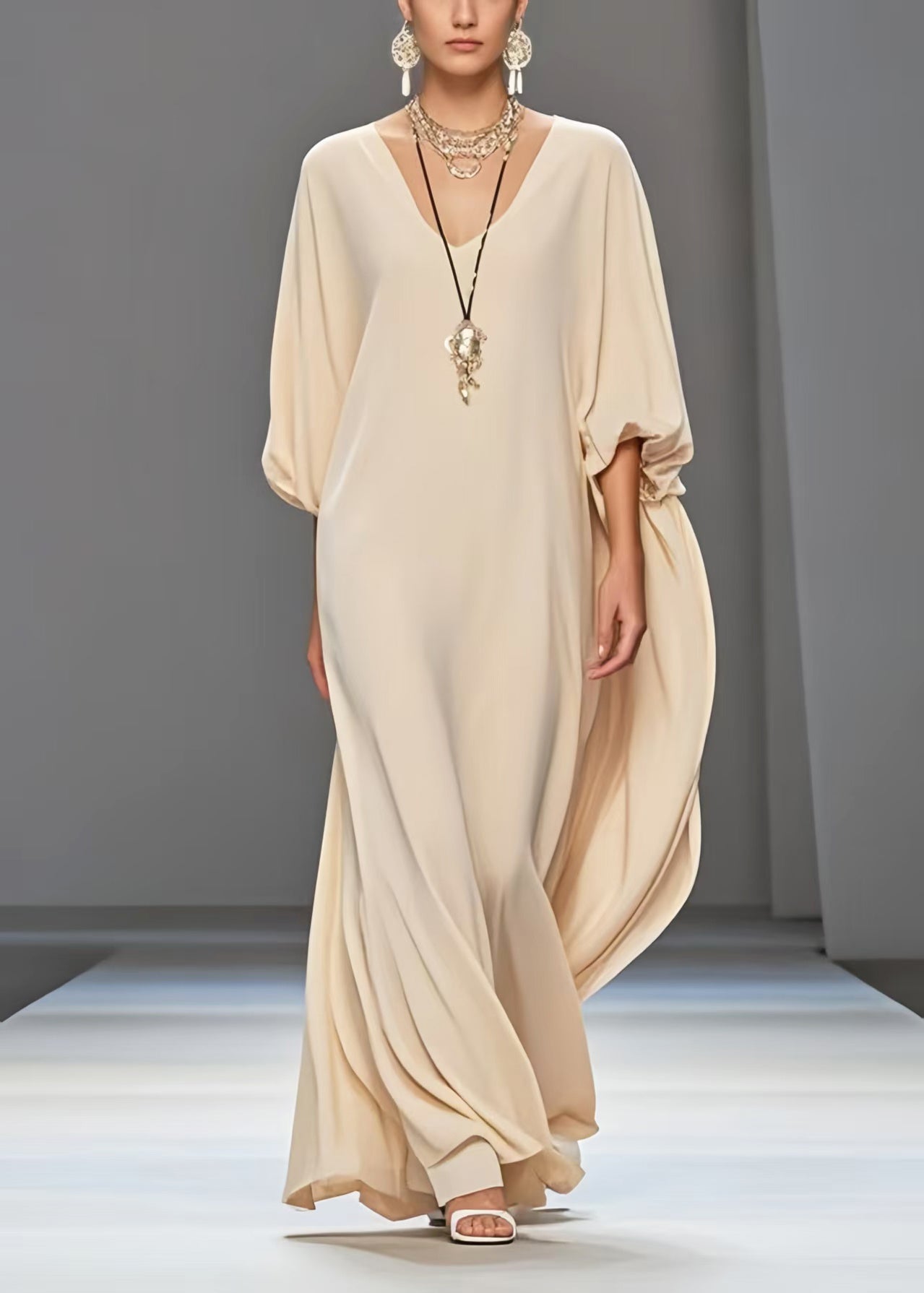 Art Apricot Oversized Draping Chiffon Dress Lantern Sleeve Summer