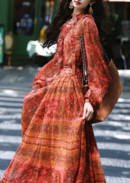 Red V Neck Ruffled Print Silk Robe Dresses Spring