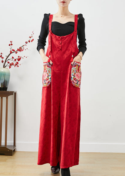 Red Embroideried Pockets Silk Jumpsuit Fall