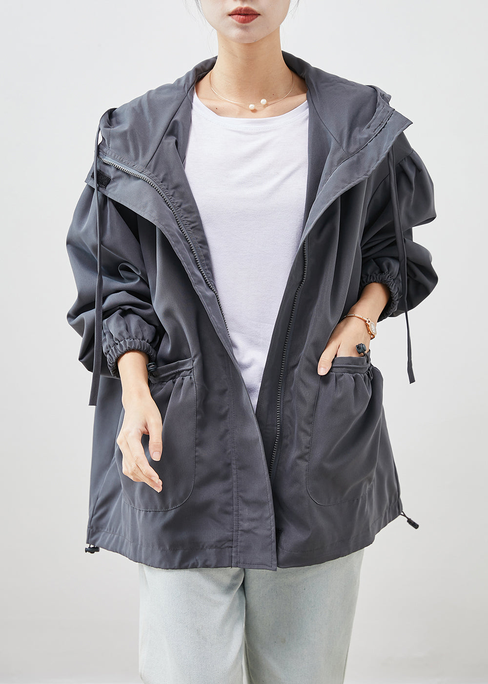 Grey Hooded Pockets Cotton Jackets Spring