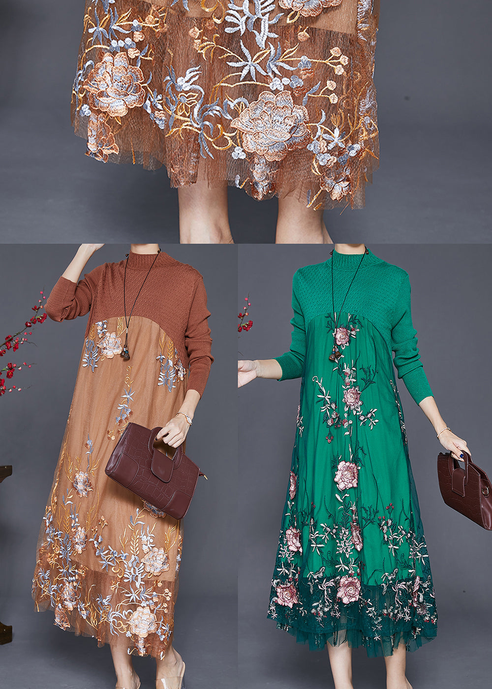 Fine Khaki Embroideried Patchwork Knit Dress Fall