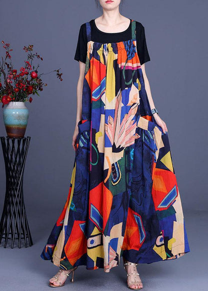 Summer Printed Dress Rayon Irregular Suspender Skirt + Black T-shirt Two Piece Set