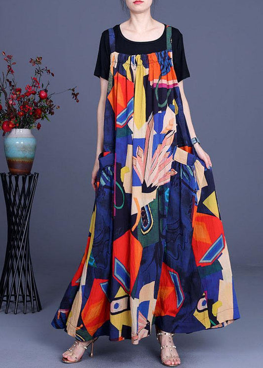 Summer Printed Dress Rayon Irregular Suspender Skirt + Black T-shirt Two Piece Set