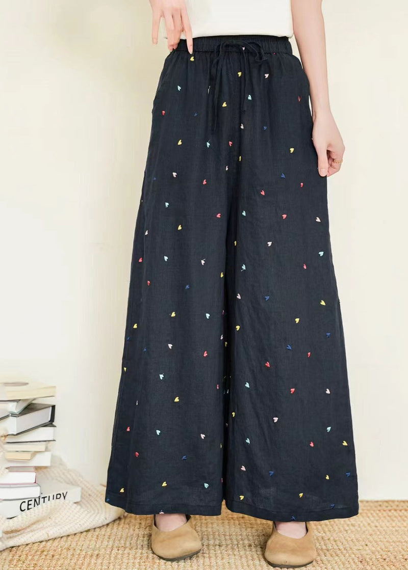 Black Embroidered Linen Wide Leg Pants Summer