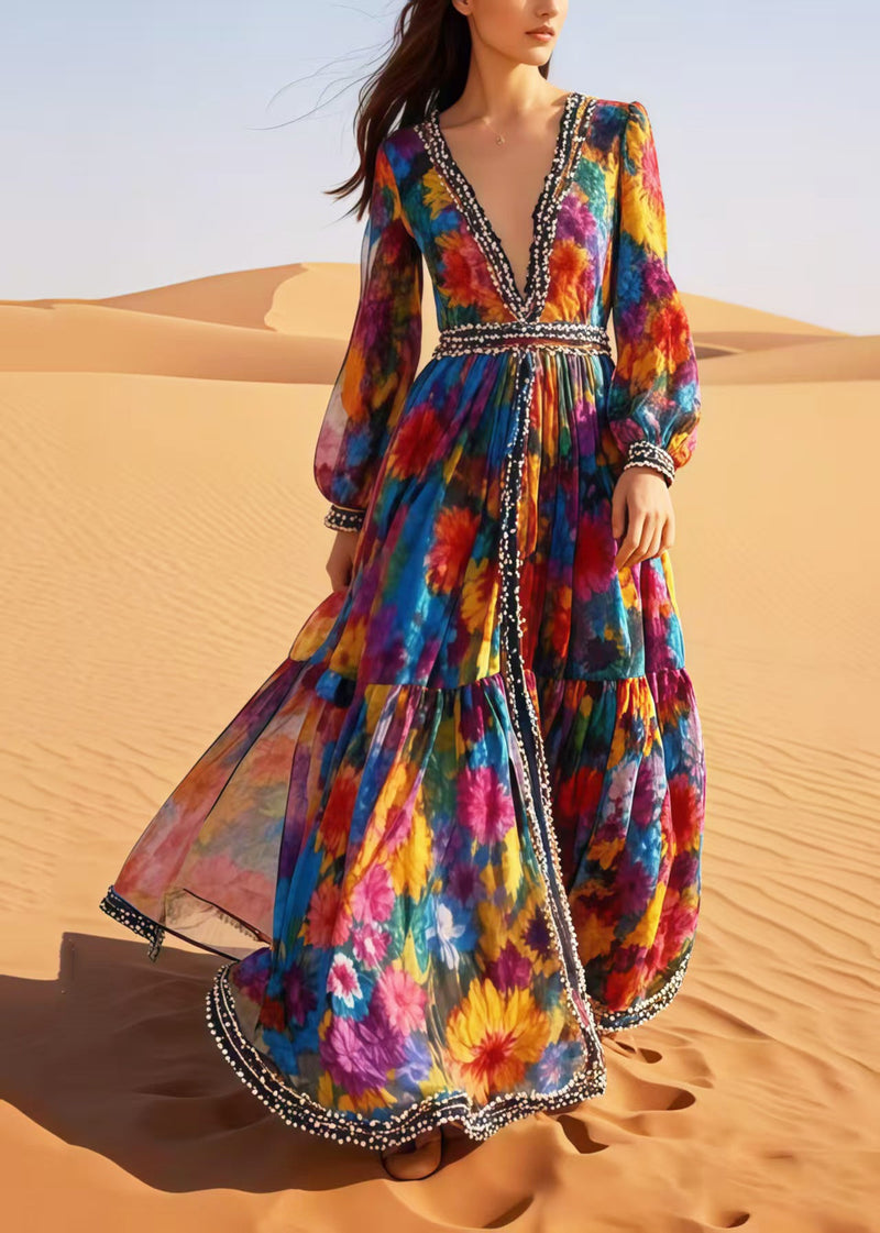 Flower Print Exra Large Hem Chiffon Beach Dress Spring