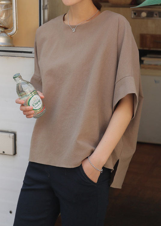 Light Camel O Neck Patchwork Cotton T Shirt Half Sleeve