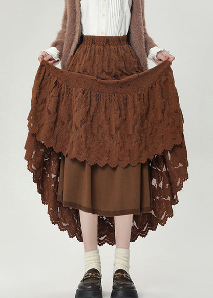 Coffee Elastic Waist Lace Warm Fleece Skirts Winter