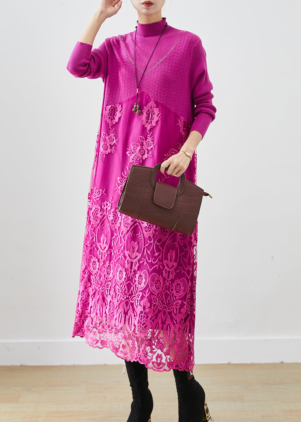 Rose Patchwork Knit Robe Dresses Embroideried Fall