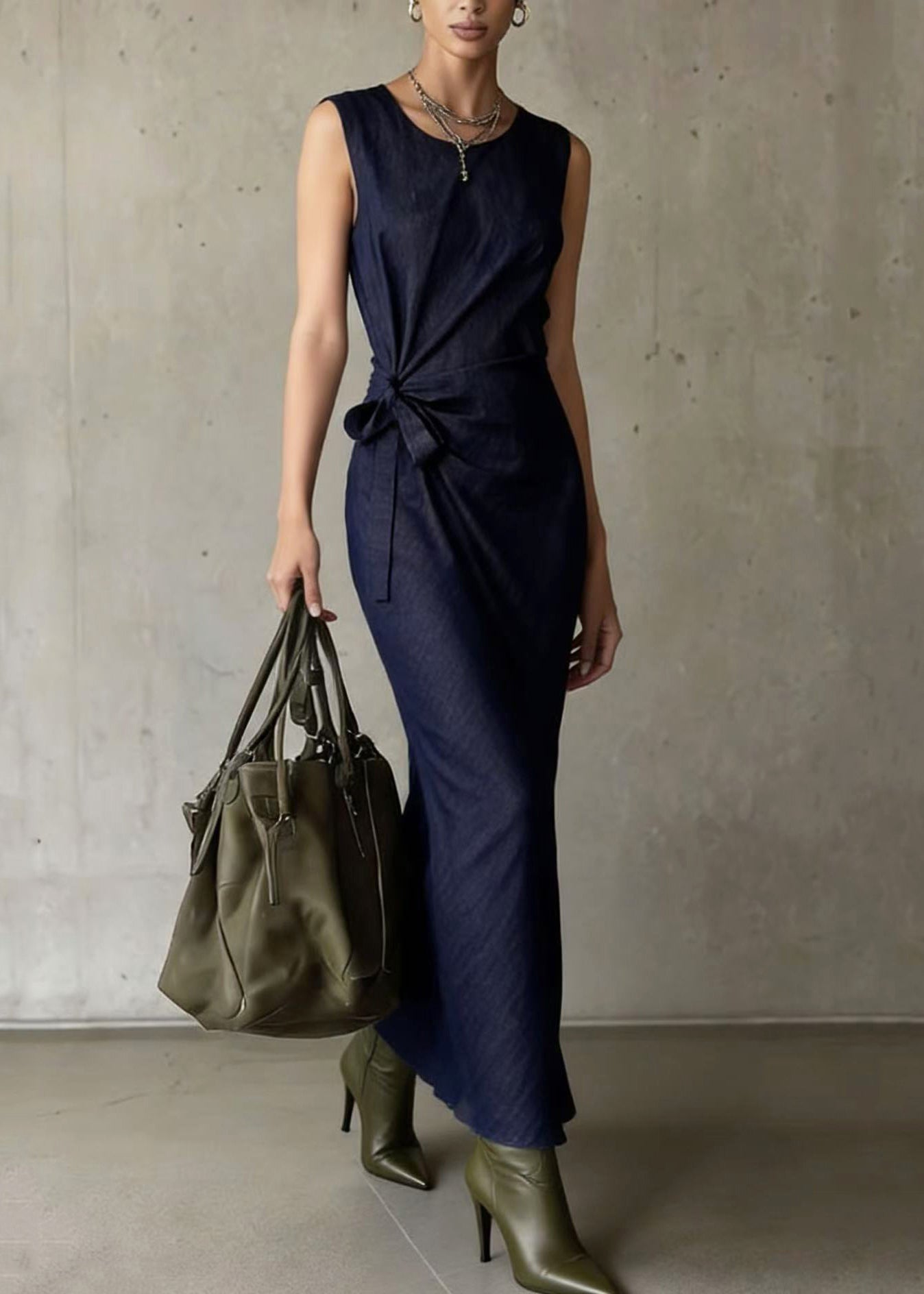 Navy Asymmetrical Design Denim Long Dresses Sleeveless
