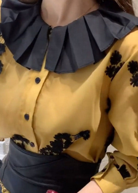 Loose Yellow Button Lace Patchwork Chiffon Shirts Lantern Sleeve