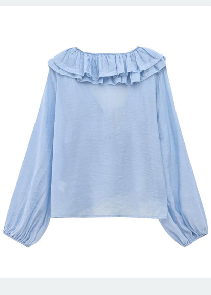 Sky Blue Ruffled Cotton Shirt Tops Summer