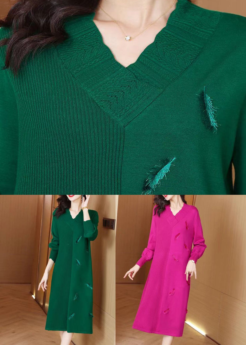 Green V Neck Patchwork Woolen Knit Sweater Dress Winter