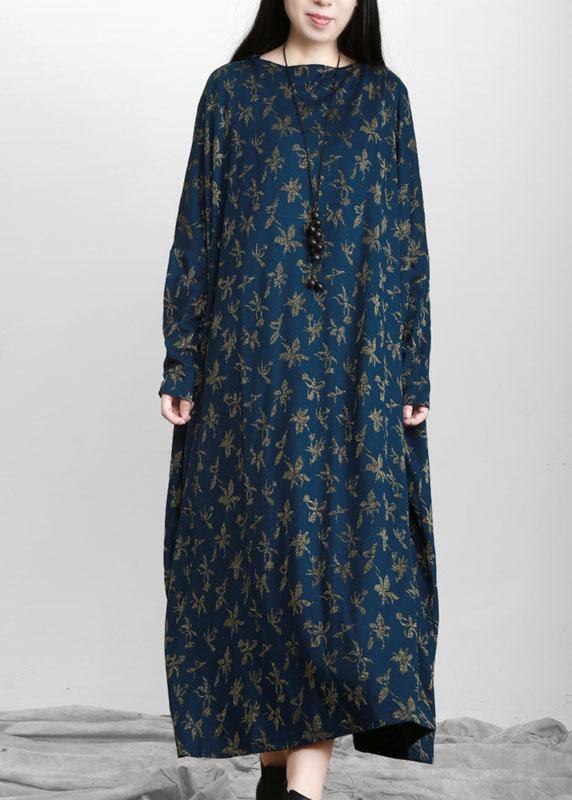 Handmade Blue Print Long Sleeve Fall Dress