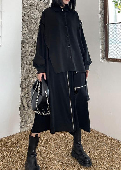 Black Asymmetrical Design Button Shirt Long Sleeve Spring