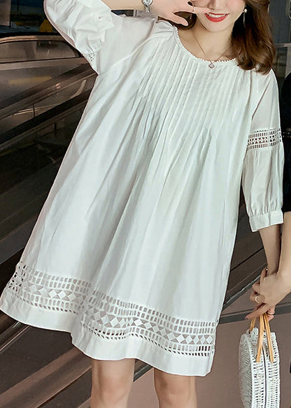 Loose White O-neck Wrinkled Hollow Out Mid Dress Fall