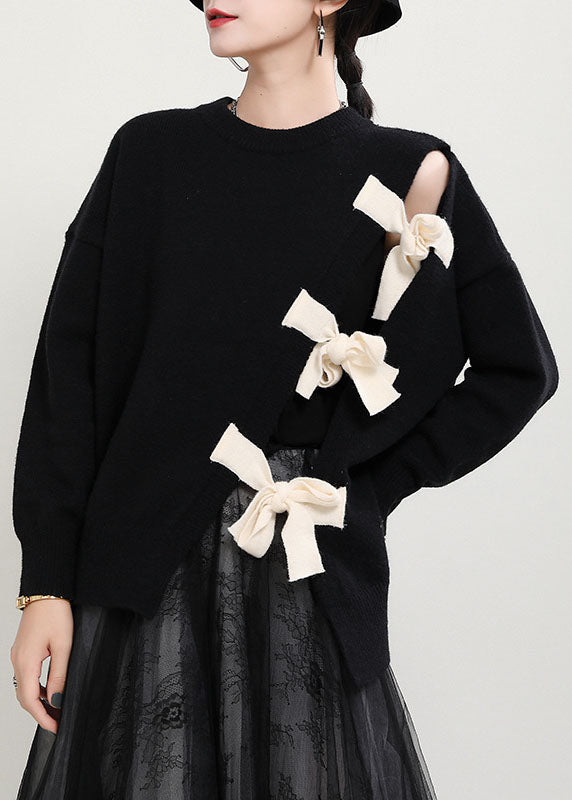 Organic Black O-neck Patchwork Asymmetrical Design Fall Knit Knitted Sweaters