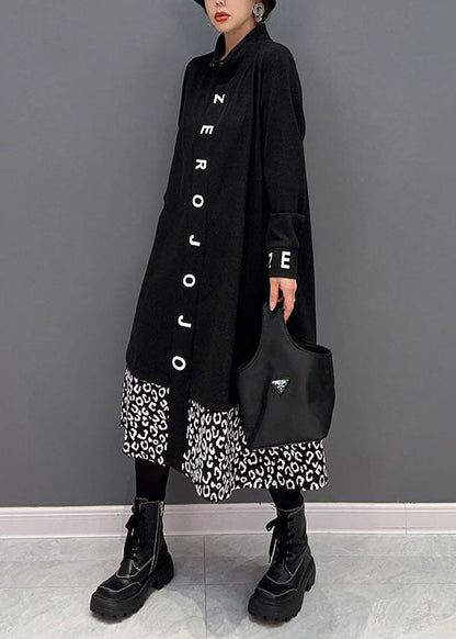 Black Stand Collar Patchwork Print Cotton Vacation Dresses Spring