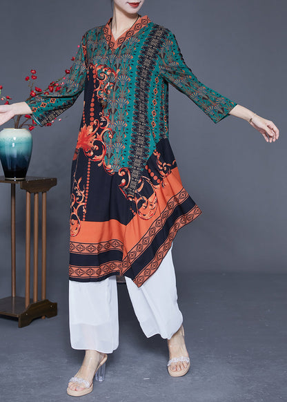 Green Asymmetrical Patchwork Print Silk Maxi Dresses Spring