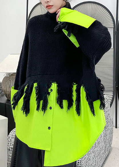 Black Green Hign Neck Asymmetrical Patchwork Knit Sweaters Fall
