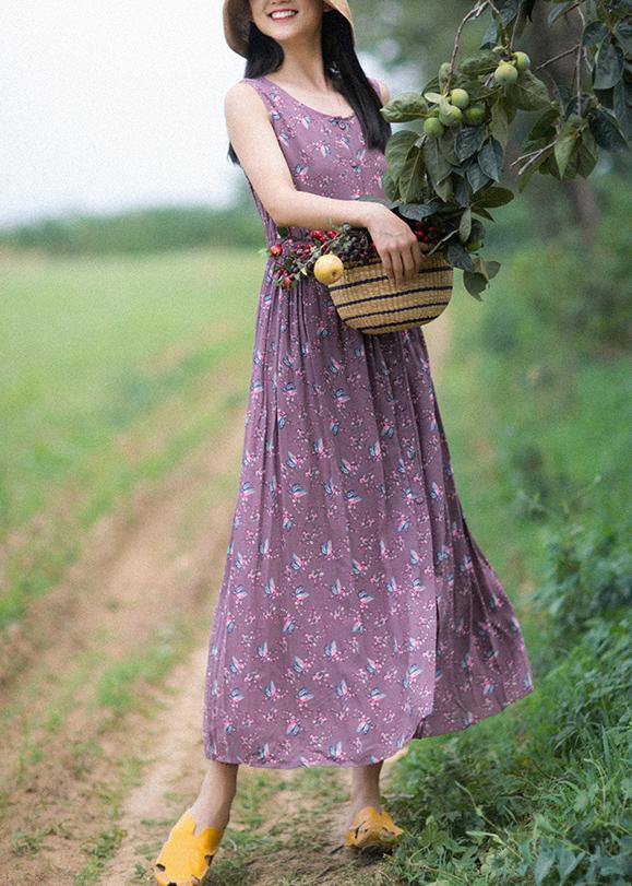 Unique Purple Print Dresses O-neck Button Summer Sleeveless Dress