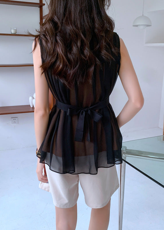 Black O-neck Tie Waist Chiffon Top Summer