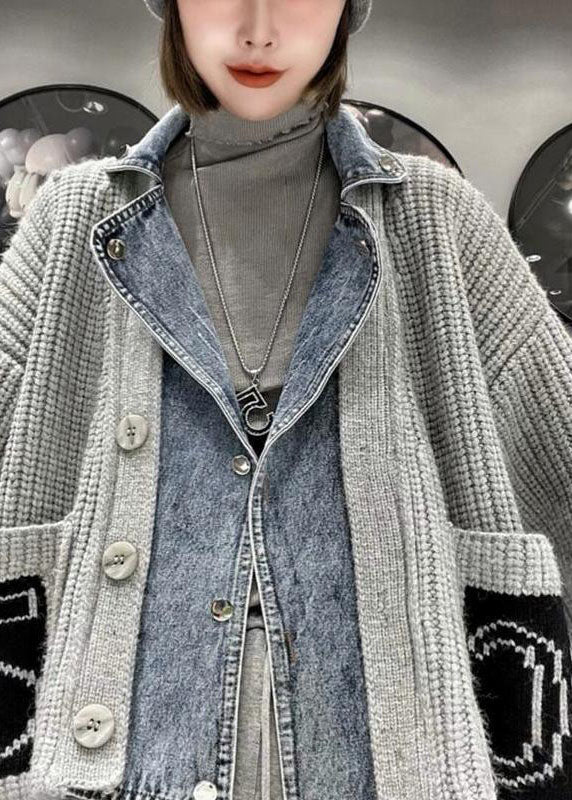 Grey Denim Patchwork Pockets Button Fall Sweater Coat
