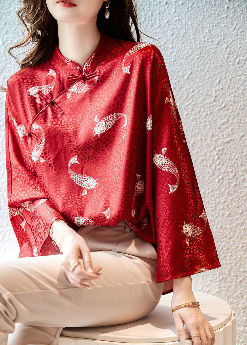 Red Stand Collar Print Silk Blouse Tops Flare Sleeve