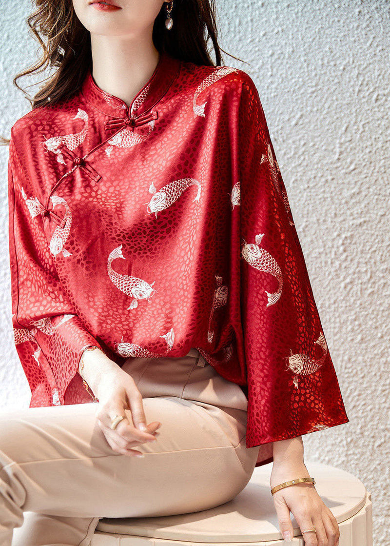 Red Stand Collar Print Silk Blouse Tops Flare Sleeve