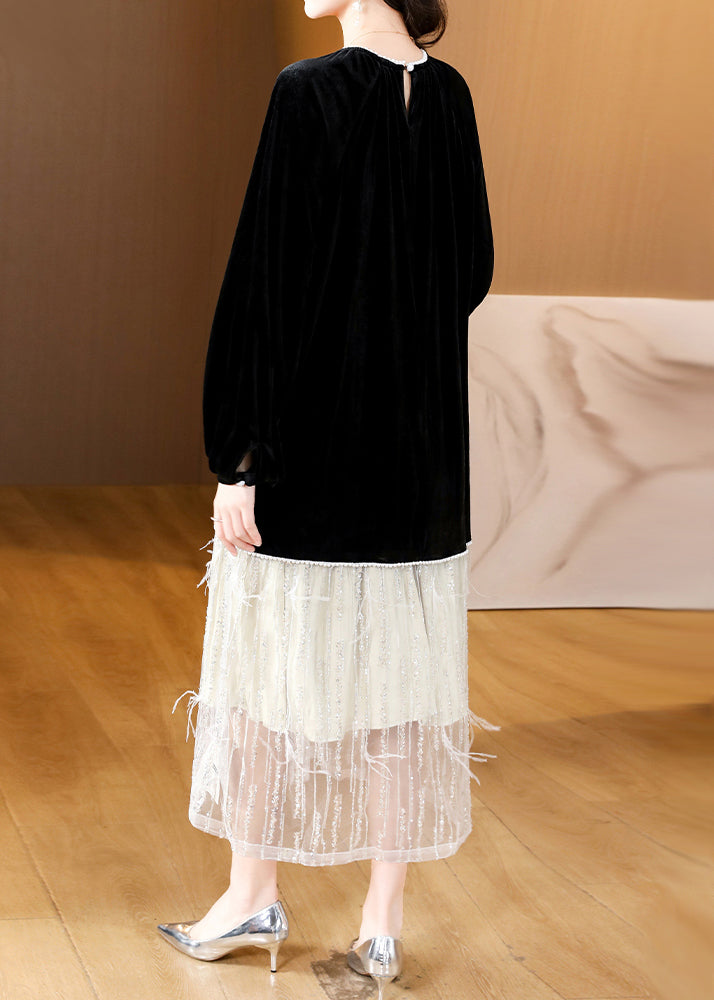 Loose Black Pearl Pockets Patchwork Silk Velour Dresses Spring