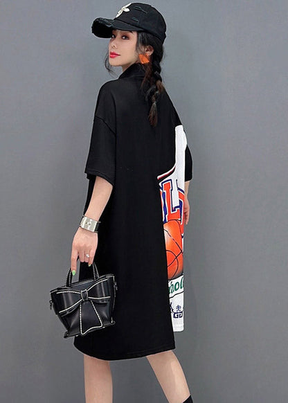 Loose Black Peter Pan Collar Print Asymmetrical Patchwork Zippered Pockets Shirt Short Sleeve