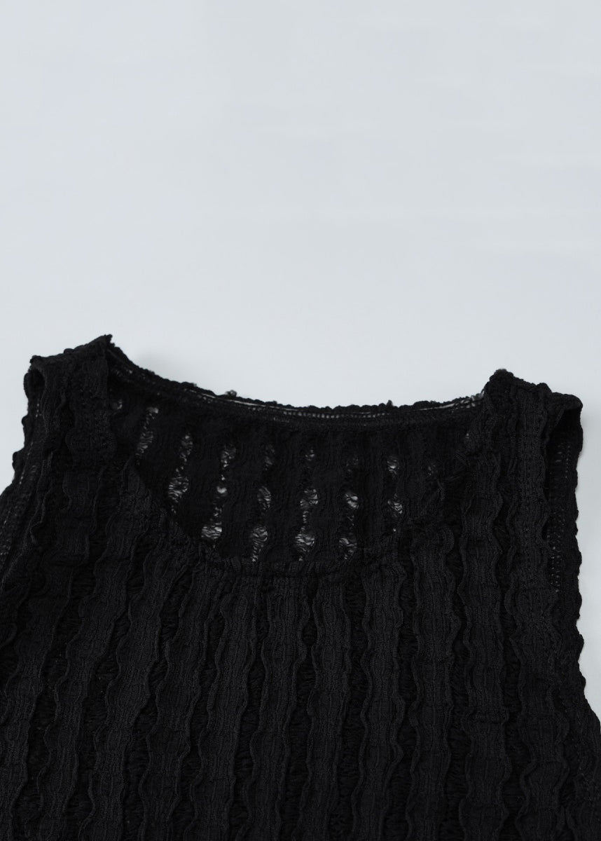 Slim Fit Black O Neck Hollow Out Knit Tanks Sleeveless