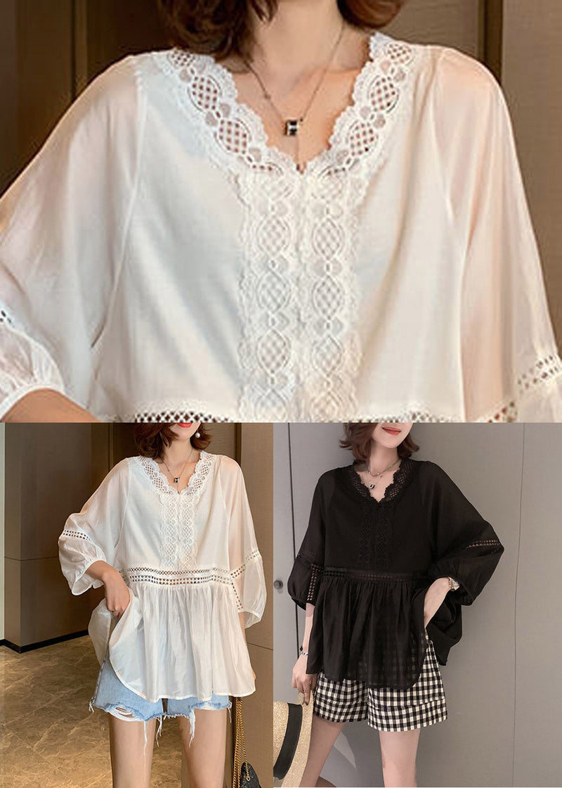 Black V Neck Hollow Out Patchwork Lace Shirt Three Quarter Sleeve