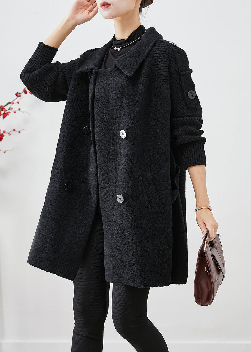 Black Double Breast Patchwork Woolen Trench Coats Fall