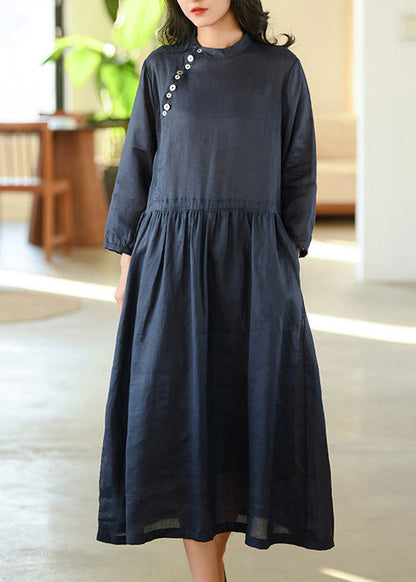 Navy Wrinkled Pockets Patchwork Linen Dresses Fall