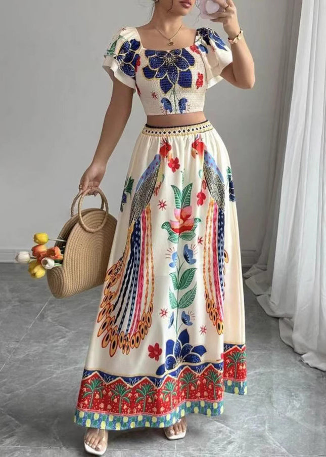 Square Collar Print Top and Maxi Skirts Two Piece Set Summer