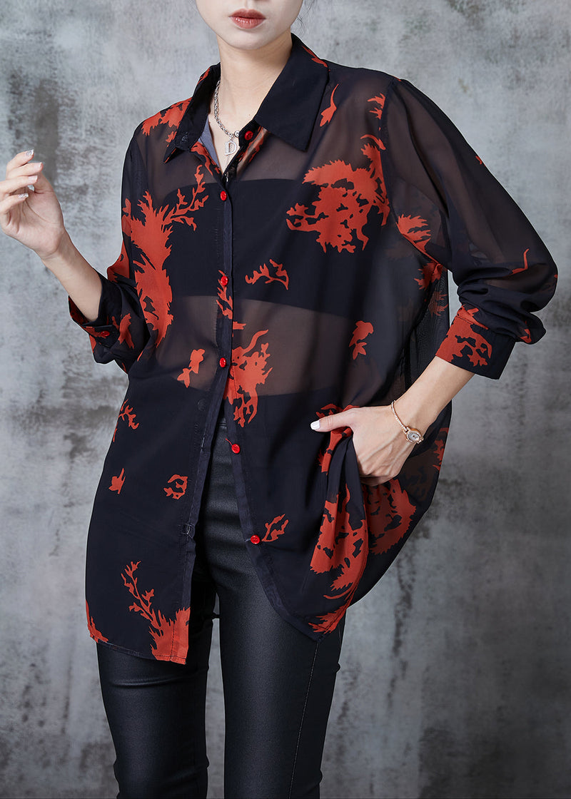 Black Print Chiffon Upf 50+ Blouse Top Oversized Summer