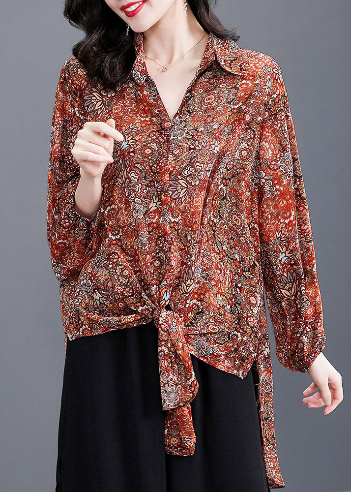 Red Peter Pan Collar Button Print Side Open Chiffon Shirt Tops Long Sleeve