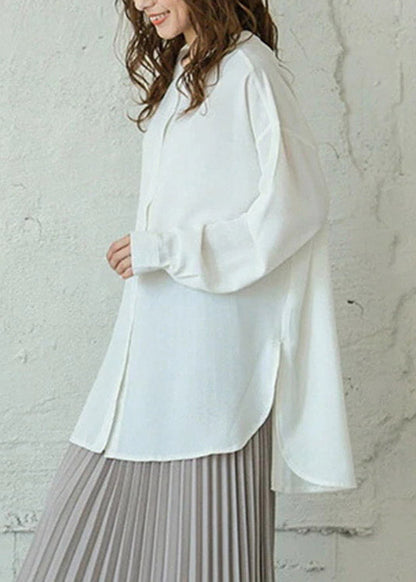 White Stand Collar Button Side Open Low High Design Shirt Long Sleeve