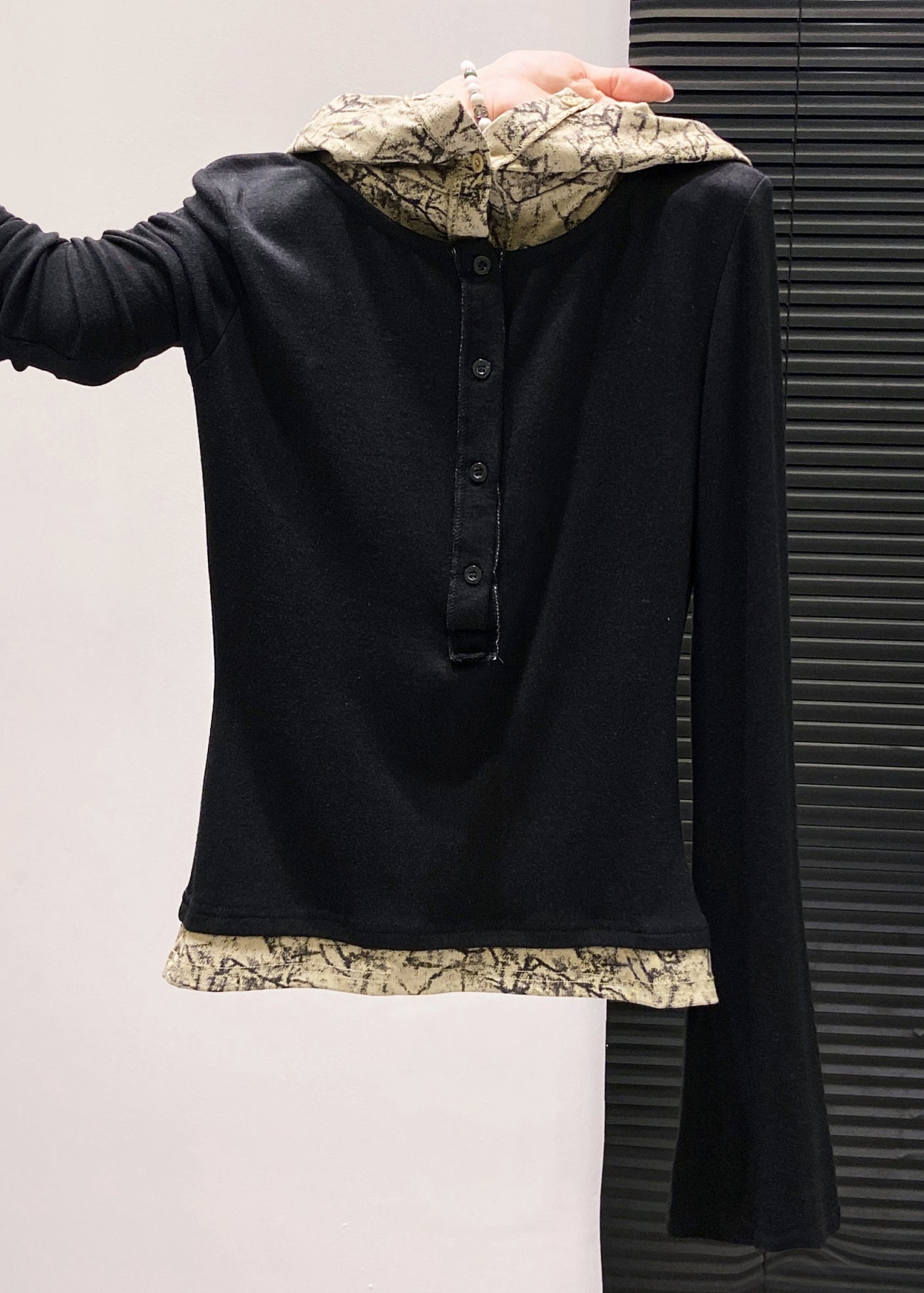 Brown Hooded Patchwork Cotton Fake Two Piece Tops Fall