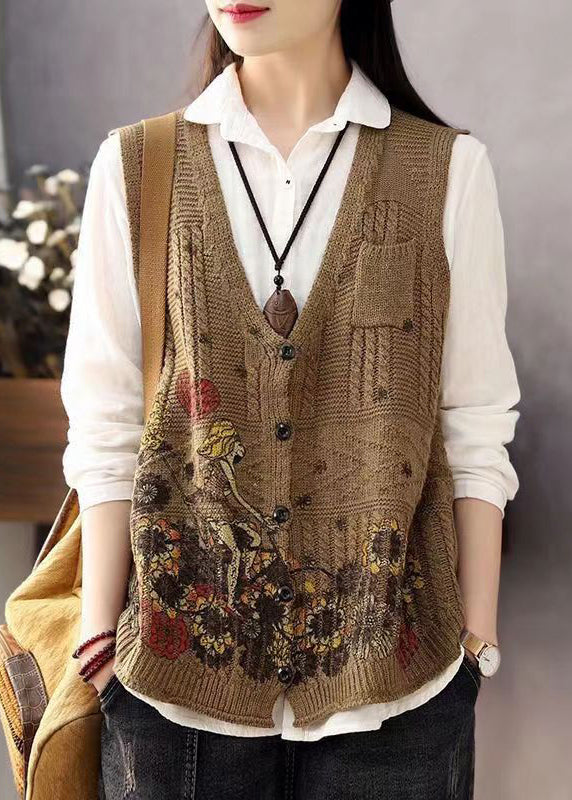Brown V Neck Print Button Cotton Knit Waistcoat Sleeveless