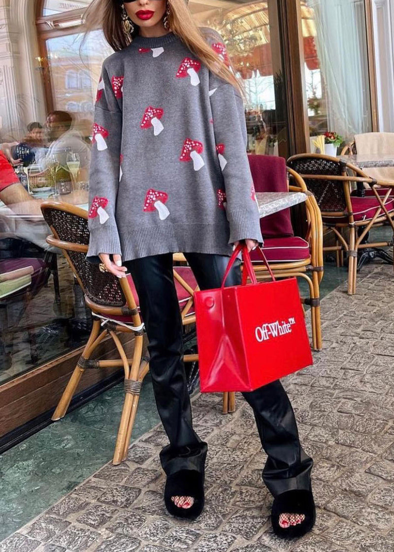 Grey O Neck Jacquard Thick Knit Sweater Fall