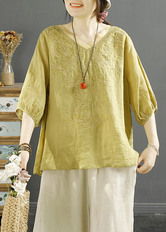 Original Orange V Neck Embroideried Tulle Patchwork Linen Top Summer