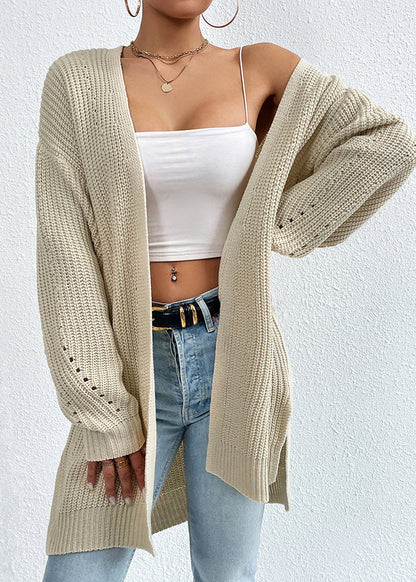 Apricot V Neck Loose Mid Knit Cardigan Fall